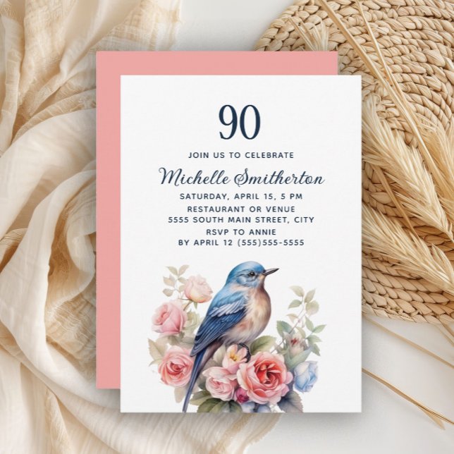 Blue Bird Pink Flowers 90th Birthday Invitation (Blue bird and pink floral 90th birthday invitation)