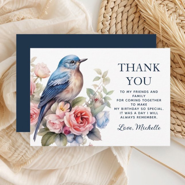 Blue Bird Pink Flowers Birthday Thank You (Blue bird and pink floral birthday party Thank You card)