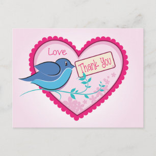 Blue Bird Pink Thank You Floral Heart Postcard