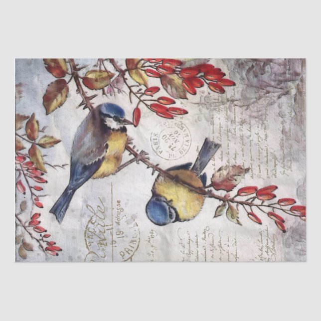 Blue Bird Red Berries French Script Decoupage  Tissue Paper (Front)