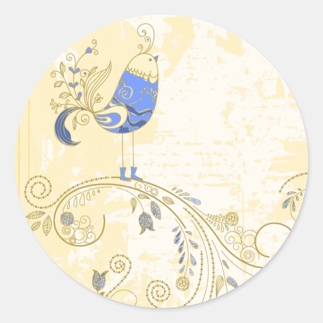 Blue Bird Retro Floral Fine Art Classic Round Sticker (Front)