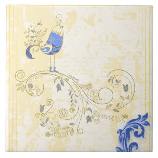 Blue Bird Retro Floral Fine Art Tile