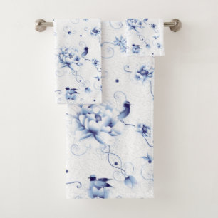 Blue Bird Rose Chinoiserie Floral Bath Towel Set
