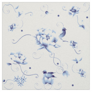 Blue Bird Rose Chinoiserie Floral Fabric
