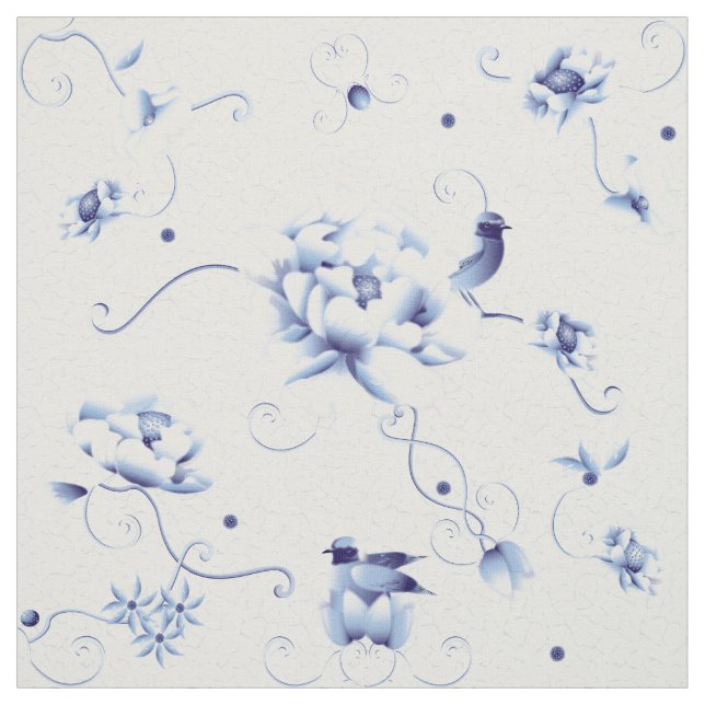 Blue Bird Rose Chinoiserie Floral Fabric (Swatch)