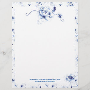 Blue Bird Rose Chinoiserie Floral Garden Wedding Custom Letterhead