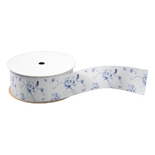 Blue Bird Rose Chinoiserie Floral Grosgrain Ribbon