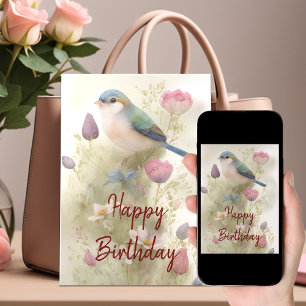 Blue Bird Spring Flowers Watercolor Birthday Card