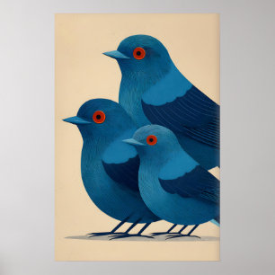 Blue Bird Wall Art Print - Minimalist Trio with