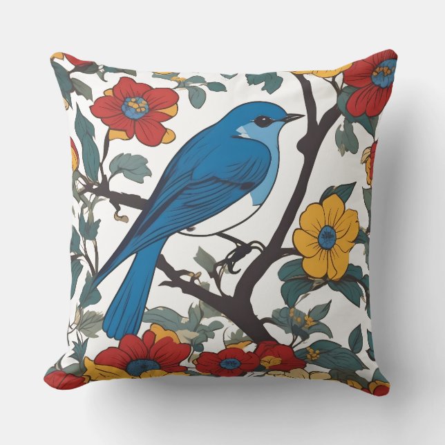 Blue Bird & Wildflowers Throw Pillow (Front)