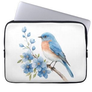 Blue bird with blue flowers laptop sleeve