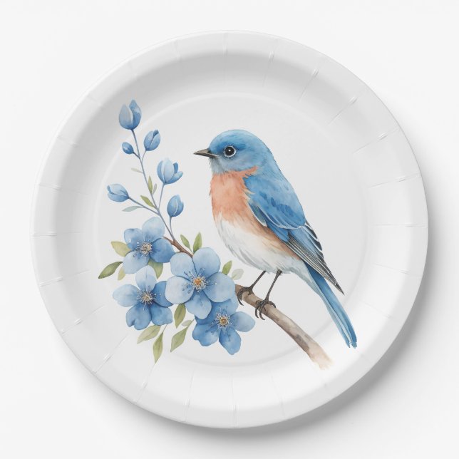Blue bird with blue flowers paper plate (Front)