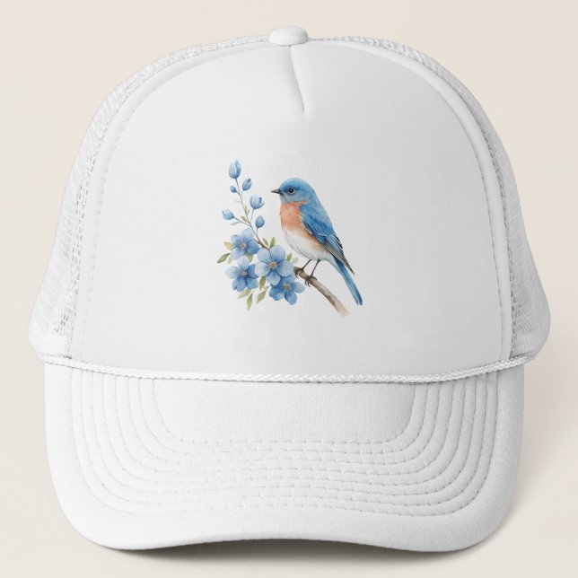 Blue bird with blue flowers trucker hat (Front)