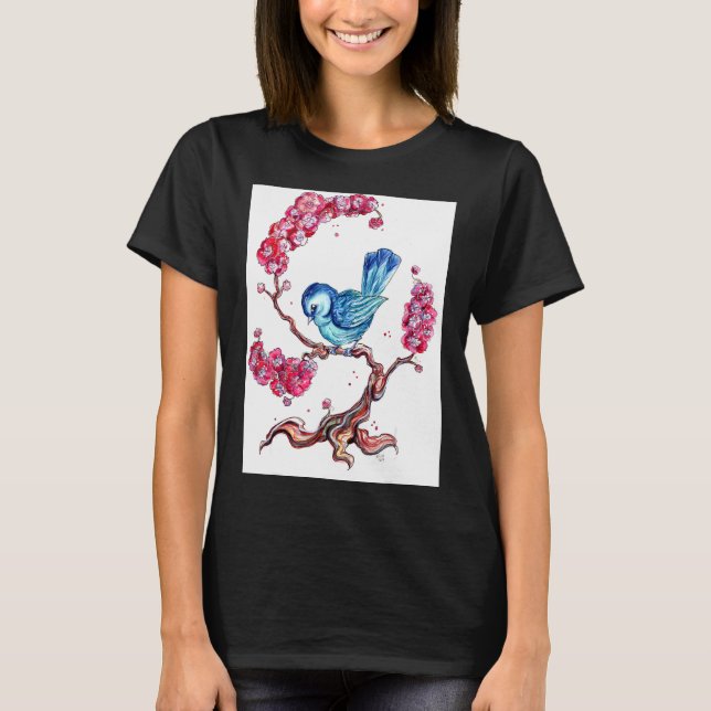 Blue Bird With Cherry Blossoms T-Shirt (Front)