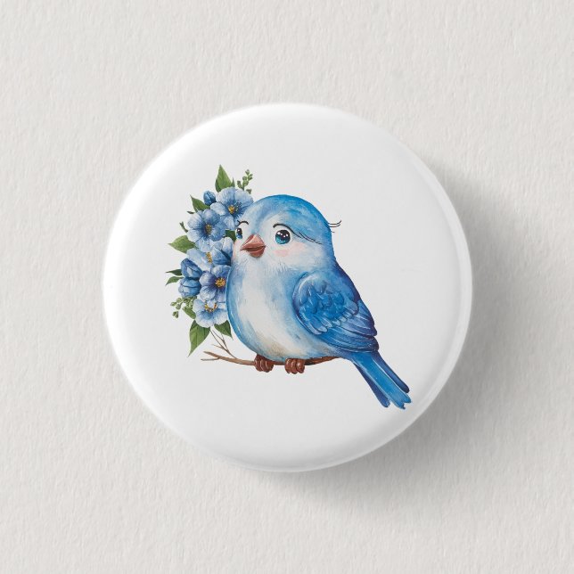 Blue Bird with Flowers 3 Cm Round Badge (Front)