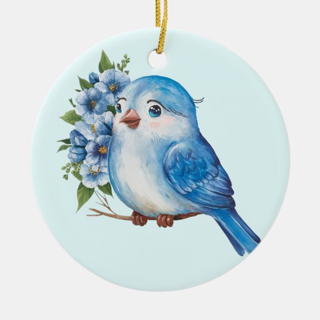 Blue Bird with Flowers Ceramic Tree Decoration (Front)