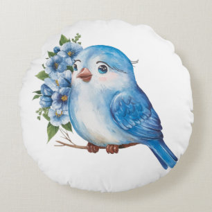 Blue Bird with Flowers Round Cushion