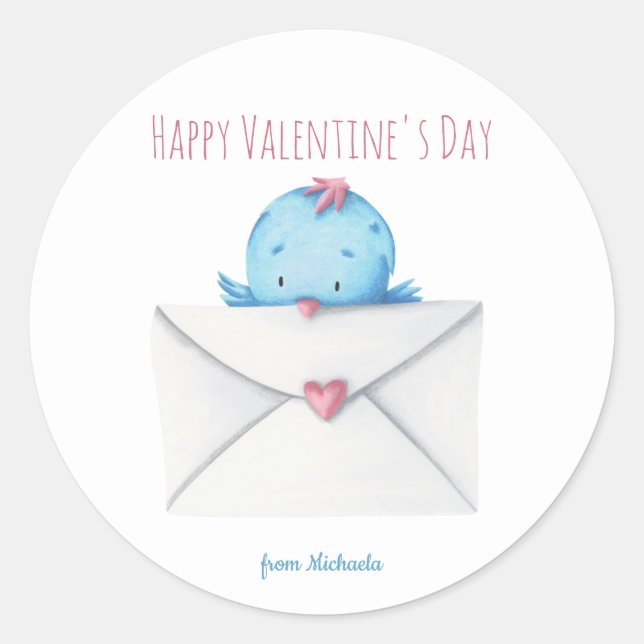 Blue Bird with Letter Kids School Valentine's Day Classic Round Sticker (Front)