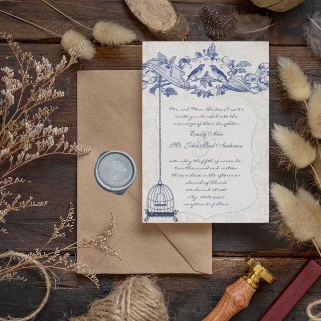 Blue Birdcage Oak Vintage Love Birds Wedding Invitation (Creator Uploaded)
