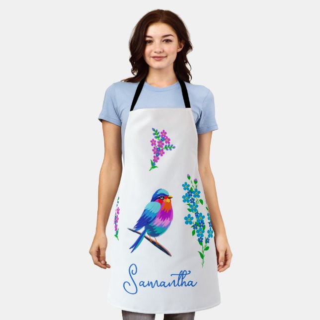 Blue Birdie Birthday Forget Me Not Flowers Apron (Worn)