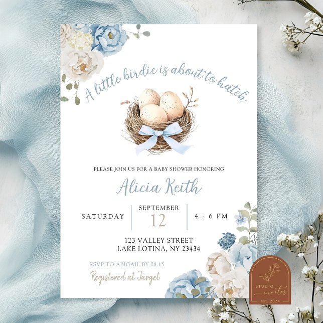 Blue Birdie Boy Baby Shower Invitation (Creator Uploaded)