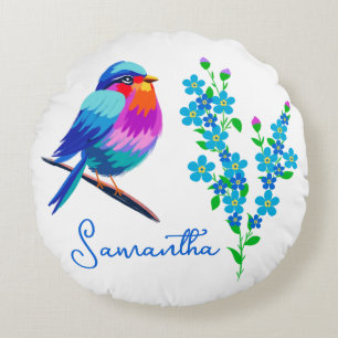 Blue Birdie Forget Me Not Flower 80th Birthday Round Cushion