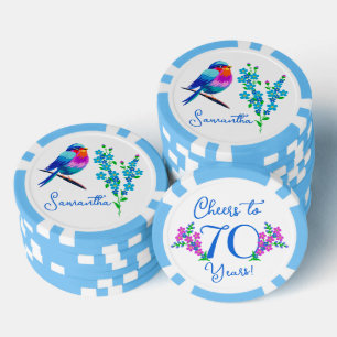 Blue Birdie Forget Me Not Flowers 70th Birthday Poker Chips