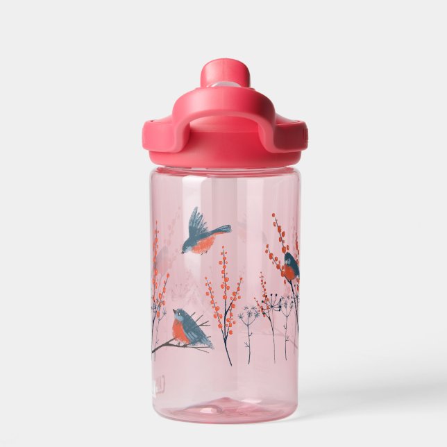 Blue Birds And Berry Bushes Water Bottle (Back)