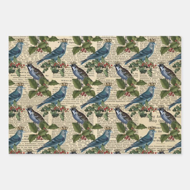 Blue Birds and Christmas Holly Berries Wrapping Paper Sheet (Front)