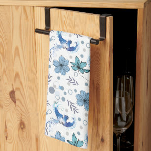 Blue Birds and Floral Harmony Seamless Pattern Tea Towel