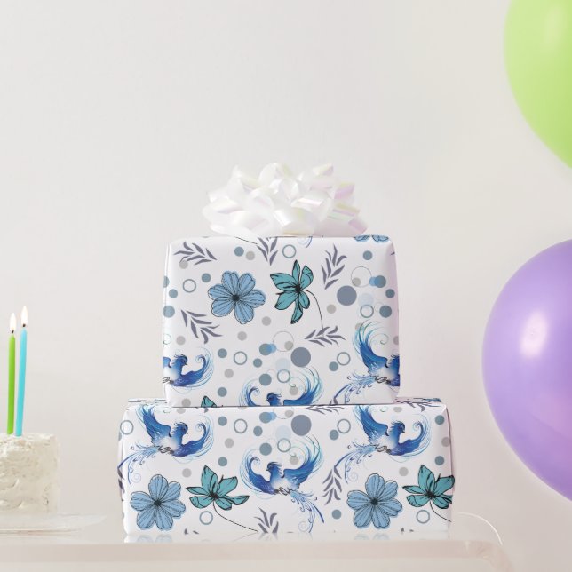 Blue Birds and Floral Harmony Seamless Pattern Wrapping Paper (Party Gifts)