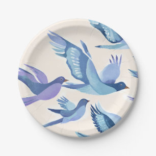 Blue Birds Flying Modern Watercolor Paper Plate