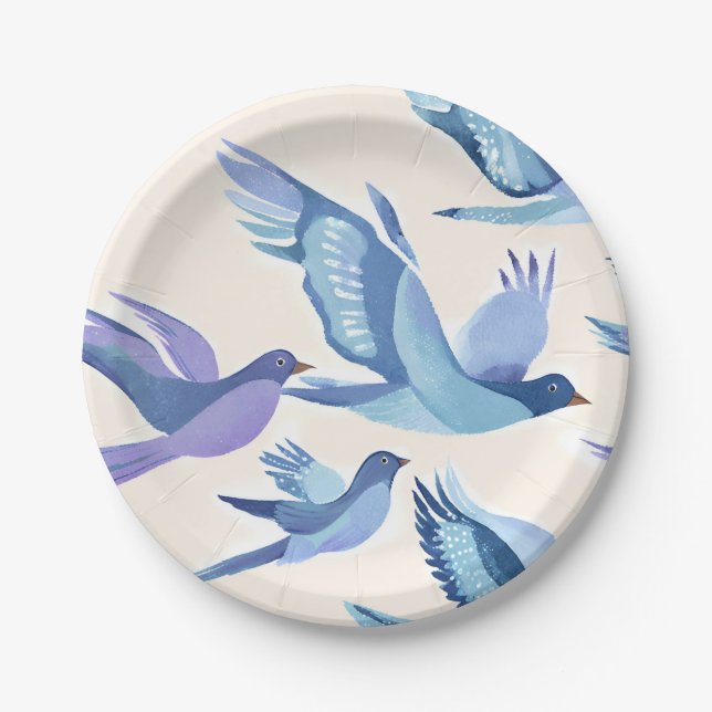 Blue Birds Flying | Modern Watercolor Paper Plate (Front)