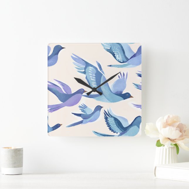 Blue Birds Flying | Modern Watercolor Square Wall Clock (Home)