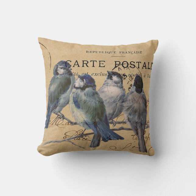 blue birds, french postcard, shabby chic cushion (Front)