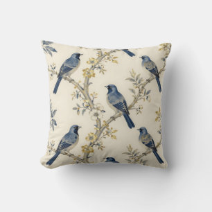 Blue Birds Golden Blossom Pattern Cushion