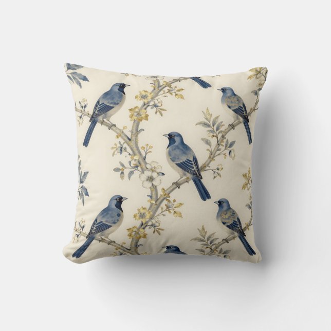 Blue Birds Golden Blossom Pattern Cushion (Front)