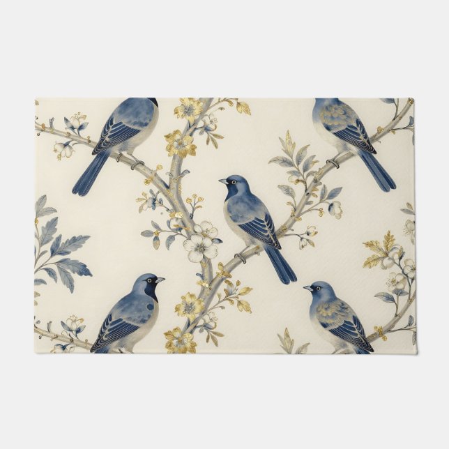 Blue Birds Golden Blossom Pattern Doormat (Front)