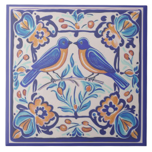 Blue birds Mediterranean BlueBird Folk Floral Tile