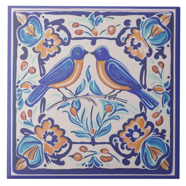 Blue birds Mediterranean BlueBird Folk Floral Tile (Front)