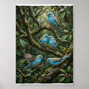 Blue Birds On Lush Forest Trees Botanical Wildlife Poster