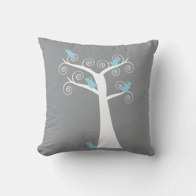 Blue Birds on White Tree Grey Background Nature  Cushion (Front)