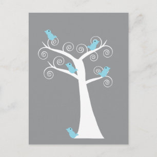Blue Birds on White Tree Grey Background Nature Postcard