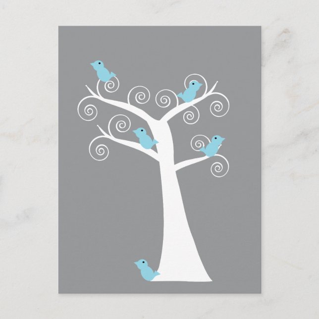 Blue Birds on White Tree Grey Background Nature Postcard (Front)