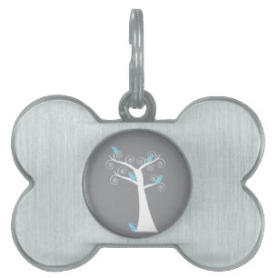 Blue Birds on White Tree Grey Background Pet Tag