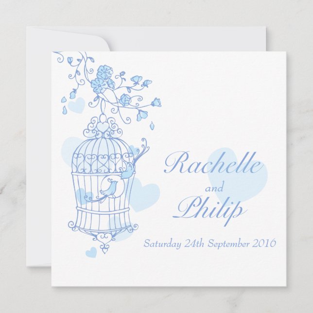 Blue birds open cage square wedding invitation (Front)