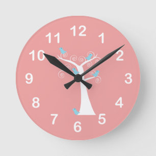 Blue Birds Pink Background Whimsical Tree Round Clock