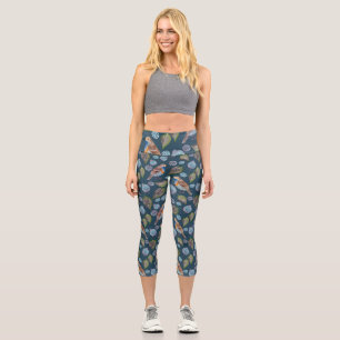Blue Birds Watercolor Pattern Capri Leggings
