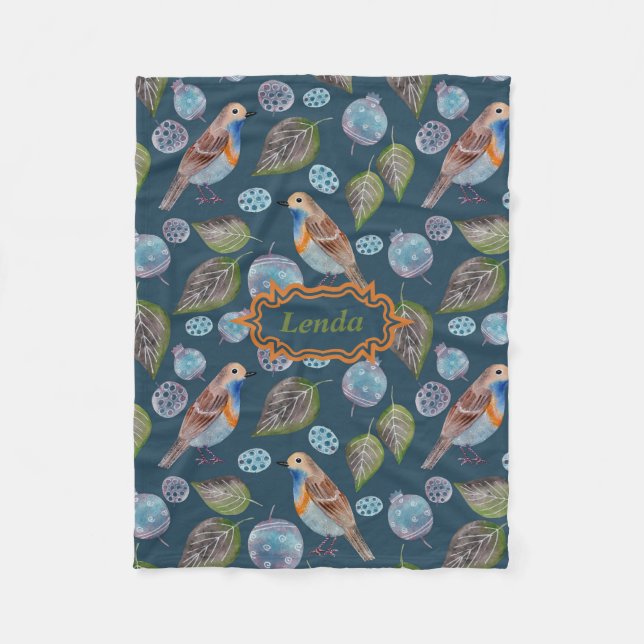 Blue Birds Watercolor Pattern Fleece Blanket (Front)