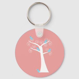 Blue Birds Whimsical Nature Tree Pink Background Key Ring